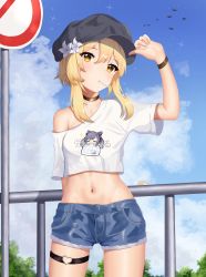 Rule 34 | 1girl, absurdres, alternate costume, arm behind back, arm up, black hat, blonde hair, blue shorts, blue sky, blush, cloud, commentary request, cutoffs, day, denim, denim shorts, flower, genshin impact, hair flower, hair ornament, hand on headwear, hat, heart o-ring, highres, keqing (genshin impact), looking at viewer, lumine (genshin impact), milira, mouth hold, navel, off shoulder, outdoors, print shirt, railing, road sign, shirt, short hair with long locks, short shorts, shorts, sidelocks, sign, signature, sky, solo, sparkle, thigh strap, white flower, white shirt, wristband, yellow eyes