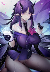 Rule 34 | 1girl, absurdres, arknights, bad id, bad pixiv id, binggong asylum, black gloves, black necktie, breasts, chinese commentary, clenched teeth, commentary request, covered erect nipples, cup, feet out of frame, flower, gloves, grey pantyhose, hands up, hibiscus (arknights), hibiscus the purifier (arknights), highres, holding, holding cup, holding spoon, horns, large breasts, long hair, milk, necktie, off shoulder, pantyhose, parted lips, pink flower, pointy ears, purple eyes, purple hair, purple shirt, shaded face, shirt, sidelocks, sitting, solo, spoon, suggestive fluid, teeth, thighs, wariza, white shirt