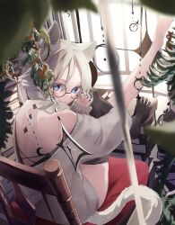 Rule 34 | 1girl, absurdres, adjusting eyewear, animal ears, backless outfit, black nails, black thighhighs, blue eyes, book, book stack, braid, cat ears, cat girl, cat tail, decorations, dynamic makky, from behind, hand on eyewear, highres, indoors, legs up, looking at viewer, nail polish, on chair, original, parted bangs, round eyewear, single sock, single thighhigh, sitting, sleeves past wrists, smile, socks, solo, spread toes, sunlight, sweater, tail, thighhighs, toe socks, toes, white hair, white sweater