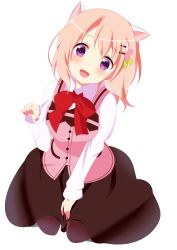 Rule 34 | 1girl, :d, animal ears, between legs, black pantyhose, black skirt, blush, bow, bowtie, breasts, buttons, cat ears, collared shirt, commentary, gochuumon wa usagi desu ka?, hair ornament, hairclip, hand between legs, hareruya, head tilt, highres, hoto cocoa, long hair, long sleeves, looking at viewer, medium breasts, open mouth, orange hair, pantyhose, paw pose, pink vest, purple eyes, rabbit house uniform, red bow, red bowtie, shadow, shirt, simple background, sitting, skirt, smile, solo, vest, wariza, white background, white shirt, wing collar
