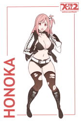 Rule 34 | 1girl, alternate costume, artist name, belt, bikini, bikini top only, boots, breasts, character name, choker, cleavage, cross-laced footwear, dead or alive, dead or alive 5, female focus, fingerless gloves, full body, gloves, hair ornament, honoka (doa), huge breasts, jacket, long hair, looking at viewer, navel, open mouth, pink hair, short shorts, shorts, side ponytail, solo, stomach, swimsuit, thighhighs, torn clothes, torn thighhighs, watermark, web address, white background, x-t3al
