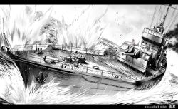 Rule 34 | 10s, 1girl, bad id, bad pixiv id, commentary request, destroyer, fukai ryosuke, greyscale, highres, historical name connection, imperial japanese navy, kantai collection, letterboxed, military, military vehicle, monochrome, name connection, object namesake, ocean, ship, signature, solo, translation request, warship, watercraft, yukikaze (destroyer), yukikaze (kancolle)
