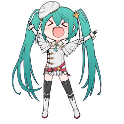 Rule 34 | &gt; &lt;, absurdres, akari ga yatte kitazo (vocaloid), arms up, belt, blue hair, braid, chibi, collar, commentary, fang, full body, goodsmile racing, gyari (imagesdawn) (style), hair ornament, happy, hat, hatsune miku, highres, necktie, open mouth, outstretched arms, parody, racing miku, racing miku (2023), rennkurusu, simple background, skirt, style parody, thighhighs, twintails, vocaloid, white background