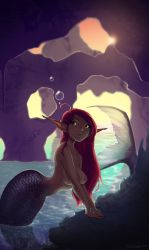 Rule 34 | 1girl, breasts, cave, fins, fish tail, green eyes, highres, hizzacked, long hair, looking at viewer, mermaid, monster girl, nipples, original, parted lips, partially submerged, pointy ears, red hair, rock, solo, sunlight, tail, water
