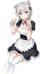 Rule 34 | 1girl, alternate costume, anastasia (idolmaster), animal ears, apron, black dress, black ribbon, blue eyes, blush, breasts, cat ears, cleavage, closed mouth, collarbone, dress, enmaided, hands up, highres, idolmaster, idolmaster cinderella girls, kemonomimi mode, looking at viewer, maid, maid apron, maid headdress, medium breasts, neck ribbon, paw pose, ribbon, short hair, short sleeves, silver hair, simple background, sirurabbit, sitting, smile, solo, thighhighs, waist apron, white background, white thighhighs, zettai ryouiki