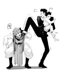 Rule 34 | 3boys, anger vein, carrying, carrying person, formal, ging freecss, gon freecss, greyscale, hunter x hunter, leorio paladiknight, long sleeves, male focus, monochrome, multiple boys, salgu, suit, white background