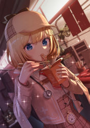 Rule 34 | 1girl, absurdres, arimoto wataru, blonde hair, blue eyes, blurry, blurry background, breasts, brown capelet, brown jacket, brown skirt, capelet, chain, chopsticks, commentary, counter, curtains, deerstalker, depth of field, diffraction spikes, dress shirt, dutch angle, eating, electric fan, english commentary, eyelashes, food, hair ornament, hat, highres, holding, holding chopsticks, hololive, hololive english, jacket, long sleeves, looking at viewer, market stall, medium breasts, necktie, noodles, oyster pail, plaid, plaid skirt, pocket watch, raised eyebrows, red necktie, shelf, shirt, short hair, short necktie, skirt, slurping, solo, sparkle, stethoscope, takeout container, virtual youtuber, watch, watson amelia, white shirt