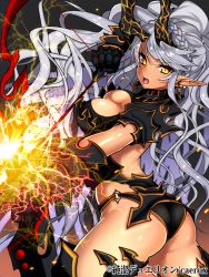 Rule 34 | 1girl, ass, black panties, bow (weapon), breasts, character request, cleavage, earrings, electricity, fighting stance, gauntlets, grey hair, holding, holding weapon, horns, jewelry, junketsu duelion, large breasts, long hair, mataro (matarou), open mouth, panties, pointy ears, solo, underwear, weapon, yellow eyes
