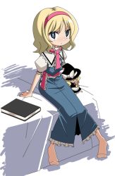 Rule 34 | 1girl, alice margatroid, bed, blonde hair, book, character doll, doll, female focus, hairband, kirisame marisa, mzh, simple background, sitting, socks, solo, touhou