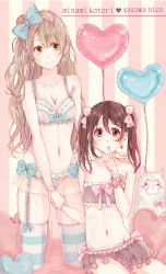 Rule 34 | 10s, 2girls, alpaca, bad id, bad pixiv id, balloon, black hair, blush, bow, bra, bracelet, breasts, brown hair, character name, cleavage, earrings, finger to mouth, garter belt, garter straps, hair bow, hand on shoulder, heart, heart balloon, highres, holding hands, jewelry, kashiwagi tsukiko, lingerie, long hair, love live!, love live! school idol project, medium breasts, minami kotori, multiple girls, navel, one side up, panties, red eyes, scrunchie, shushing, small breasts, smile, striped background, striped clothes, striped legwear, striped thighhighs, thighhighs, twintails, underwear, underwear only, yazawa nico, yellow eyes