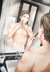 Rule 34 | 1boy, bathroom, brown hair, carrot (robosquat), cellphone, cup, expressionless, faucet, hair slicked back, hair strand, half-closed eyes, hand on own chin, hands up, highres, indoors, looking at mirror, male focus, mirror, mug, navel, nipples, original, pectorals, phone, razor, reflection, shaving, shaving beard, shaving cream, short hair, sink, smartphone, solo, standing, steam, tile wall, tiles, toothbrush, topless male, towel, wet