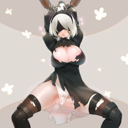 Rule 34 | 1girl, 2b (nier:automata), areola slip, arms up, assisted exposure, blindfold, bound, bound wrists, breasts, cleavage, hairband, large breasts, leotard, mole, mole under eye, neglect play, nier:automata, nier (series), open mouth, panties, pink crown (pinkcrownpink), pussy juice, pussy juice drip, restrained, sex toy, solo, spread legs, steam, thighhighs, thighs, torn clothes, torn leotard, underwear, vibrator, vibrator under clothes, vibrator under panties, white panties