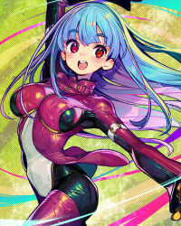 Rule 34 | 1girl, arm up, blue hair, blunt bangs, blush, bodysuit, breasts, cropped jacket, gloves, kula diamond, large breasts, long hair, looking at viewer, onono imoko, open mouth, outstretched arms, red eyes, smile, snk, solo, spread arms, the king of fighters, yellow gloves, zipper