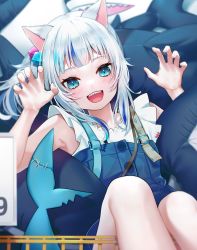 Rule 34 | 1girl, :d, absurdres, animal ears, blue eyes, blue hair, blush, cat ears, cube hair ornament, fins, fish tail, gawr gura, gawr gura (casual), hair ornament, highres, hololive, hololive english, looking at viewer, multicolored hair, official alternate costume, open mouth, ponytail, revision, shark tail, sharp teeth, smile, solo, stitches, streaked hair, stuffed animal, stuffed shark, stuffed toy, suzu (tonami0726), tail, teeth, virtual youtuber, white hair