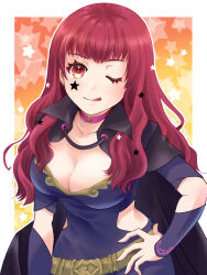 Rule 34 | 1girl, ;), belt, black cape, bodysuit, breasts, cape, chest strap, choker, cleavage, closed mouth, clothing cutout, collarbone, covered navel, eyelashes, facial mark, fire emblem, fire emblem engage, gold belt, ha (pixiv2276), hair ornament, hand on own hip, high collar, highres, long hair, looking at viewer, medium breasts, nintendo, one eye closed, outline, pink choker, pink hair, purple bodysuit, red eyes, red pupils, ringed eyes, side cutout, smile, solo, star (symbol), star facial mark, star hair ornament, tongue, tongue out, white outline, yunaka (fire emblem)