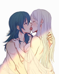 Rule 34 | 2girls, back, bare shoulders, blue eyes, blue hair, blush, breasts, byleth (female) (fire emblem), byleth (fire emblem), closed eyes, collarbone, commentary request, couple, edelgard von hresvelg, fire emblem, fire emblem: three houses, french kiss, from side, hair between eyes, hand on another&#039;s shoulder, hug, jewelry, kiss, long hair, looking at another, multiple girls, nintendo, nude, ring, riromomo, sidelocks, signature, simple background, upper body, white background, white hair, yuri