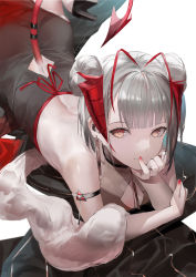Rule 34 | 1girl, antenna hair, arknights, arm strap, bare shoulders, blazpu, cleavage cutout, closed mouth, clothing cutout, demon tail, double bun, dress, feather boa, female focus, hair bun, head rest, highres, horns, looking at viewer, lying, multicolored hair, nail polish, on stomach, red eyes, red hair, red nails, silver hair, sleeveless, sleeveless dress, solo, streaked hair, tail, tail raised, tail through clothes, w (arknights), white background
