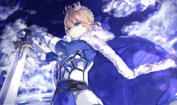 Rule 34 | 1girl, ahoge, armor, armored dress, artoria pendragon (all), artoria pendragon (fate), blonde hair, blue cape, blue dress, blue sky, breastplate, cape, cloud, cloudy sky, commentary request, crown, dress, excalibur (fate/stay night), fate/grand order, fate (series), from below, from side, fur-trimmed cape, fur trim, gauntlets, green eyes, hair between eyes, highres, long sleeves, looking at viewer, medium hair, saber (fate), sidelocks, sky, solo, sword, tomas (kaosu22), upper body, weapon, wind