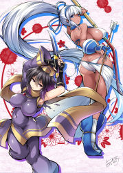Rule 34 | 2girls, armpits, arms up, ass, black hair, blue eyes, blue gloves, blunt bangs, bow (weapon), breasts, butt crack, c.r., closed mouth, covered navel, dark-skinned female, dark skin, fingerless gloves, gloves, hair between eyes, hairband, impossible clothes, impossible shirt, large breasts, long hair, looking at viewer, majikina mina, multiple girls, panties, parted lips, ponytail, quiver, red eyes, rera, samurai spirits, sarong, scarf, shirt, sideboob, silver hair, single glove, skindentation, snk, tabi, taut clothes, taut shirt, torn clothes, torn sleeves, underwear, very long hair, weapon, white panties