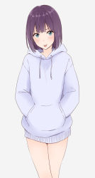 Rule 34 | 1girl, :p, blonde hair, blue eyes, closed mouth, commentary request, drawstring, grey background, hands in pocket, highres, hood, hood down, hoodie, long sleeves, looking at viewer, original, purple hair, simple background, smile, solo, teti, tongue, tongue out, v-shaped eyebrows, white hoodie