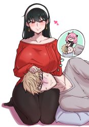Rule 34 | 1boy, 2girls, anya (spy x family), bare shoulders, black hair, black pantyhose, blonde hair, blush, blush stickers, breast rest, breasts, breasts on head, closed eyes, collarbone, earrings, feet, gyu (kgh9081), half-closed eyes, happy, heart, hetero, highres, husband and wife, jewelry, lap pillow, large breasts, long hair, long sleeves, multiple girls, off-shoulder sweater, off shoulder, pantyhose, pillow, pink hair, red eyes, red sweater, seiza, simple background, sitting, sitting on person, spy x family, sweatdrop, sweater, thighs, thought bubble, twilight (spy x family), white background, yor briar