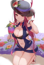 Rule 34 | 1girl, alternate costume, bare shoulders, black headwear, blue one-piece swimsuit, breasts, cleavage, clothing cutout, cup, dress, dress swimsuit, drink, drinking glass, drinking straw, expressionless, female focus, fire emblem, fire emblem engage, fire emblem heroes, flower, haru (nakajou-28), hat, hat flower, high heels, highres, holding, holding cup, ivy (fire emblem), ivy (summer) (fire emblem), large breasts, long hair, looking at viewer, matching hair/eyes, mole, mole under mouth, navel, nintendo, official alternate costume, one-piece swimsuit, purple eyes, purple hair, see-through headwear, stomach, stomach cutout, swimsuit, toeless footwear, tropical drink, white footwear