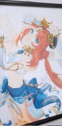 Rule 34 | 1girl, arabian clothes, bad id, bad twitter id, blue eyes, blue gemstone, blue veil, commentary request, crop top, dancer, forehead jewel, gem, genshin impact, gold choker, gold trim, highres, horns, kkopoli, korean commentary, long hair, long sleeves, nilou (genshin impact), photo (medium), puffy long sleeves, puffy sleeves, red hair, smile, solo, traditional media, twintails, vambraces, veil, white headdress