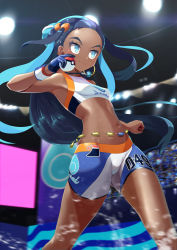 Rule 34 | 1girl, action, autism wanderer, bad id, bad pixiv id, belly chain, bikini, black hair, blue eyes, blue gloves, blue hair, blue shorts, blurry, blurry background, closed mouth, commentary, creatures (company), dark-skinned female, dark skin, depth of field, earrings, game freak, gloves, gym leader, hair bun, hair pulled back, highres, holding, holding poke ball, hoop earrings, jewelry, long hair, looking to the side, multicolored hair, navel, necklace, nessa (pokemon), nintendo, poke ball, poke ball (basic), pokemon, pokemon swsh, shirt, shorts, single glove, single hair bun, smile, solo, sportswear, standing, swimsuit, tankini, two-tone hair, white shirt, wristband
