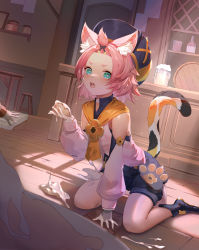 Rule 34 | 1girl, absurdres, animal ear fluff, animal ears, bare shoulders, beer mug, cabbie hat, cat ears, cat girl, cat tail, cup, diona (genshin impact), food, genshin impact, green eyes, hair ornament, hat, highres, holding, holding food, kato (kato), long sleeves, mug, open mouth, paw print, pink hair, shorts, solo focus, spill, tail, teeth, upper teeth only