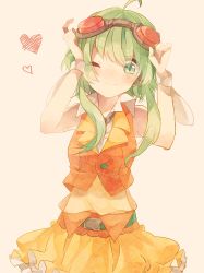 Rule 34 | 1girl, ahoge, belt, black neckerchief, blush, breasts, buttons, closed mouth, commentary request, cowboy shot, crop top, detached collar, frilled skirt, frills, goggles, goggles on head, green belt, green eyes, green hair, gumi, happy, heart, looking at viewer, marr0n x, medium breasts, neckerchief, orange skirt, orange vest, red-tinted eyewear, red goggles, short hair, short hair with long locks, sidelocks, skirt, smile, solo, tinted eyewear, vest, vocaloid, wrist cuffs