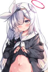 Rule 34 | 1girl, black coat, black serafuku, blue archive, blush, braid, clothes lift, coat, colored inner hair, commentary request, fujiwarahatsune, grey eyes, groin, hair ornament, hair over one eye, hairband, halo, highres, lifted by self, long hair, long sleeves, looking at viewer, multicolored hair, navel, open clothes, open coat, plana (blue archive), school uniform, serafuku, shirt lift, sidelocks, simple background, single braid, solo, stomach, two-tone hair, white background, white hair