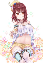 Rule 34 | 1girl, alt (ctrldel), atelier (series), atelier firis, atelier sophie, bare shoulders, bead necklace, beads, blush, breasts, brown eyes, closed mouth, collarbone, commentary request, crop top, crop top overhang, culottes, detached sleeves, dress, flower, frilled dress, frilled thighhighs, frills, hat, highres, jewelry, medium breasts, midriff, navel, necklace, short shorts, shorts, sitting, smile, solo, sophie neuenmuller, thighhighs, wrist cuffs