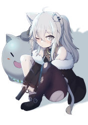 Rule 34 | 1girl, absurdres, ahoge, animal ear fluff, animal ears, bare shoulders, between legs, black footwear, black jacket, black pantyhose, black shirt, closed mouth, commentary request, ear piercing, from above, full body, fur-trimmed jacket, fur trim, grey eyes, grey hair, gun, hair between eyes, hand between legs, handgun, highres, holding, holding gun, holding weapon, hololive, jacket, knees up, lion ears, lion girl, lion tail, long sleeves, looking at viewer, looking up, off shoulder, open clothes, open jacket, pantyhose, piercing, pistol, senbon tsuki, shirt, shishiro botan, shishiro botan (1st costume), shoes, sitting, sleeveless, sleeveless shirt, sleeves past wrists, solo, tail, torn clothes, torn pantyhose, virtual youtuber, weapon, white background