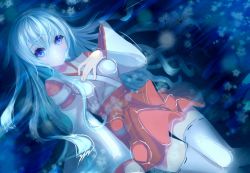 Rule 34 | 1girl, blue eyes, blue hair, breasts, from above, guanghe zuoyong de de yezi, hatsune miku, japanese clothes, long hair, looking at viewer, matching hair/eyes, miko, partially submerged, red skirt, shinkai shoujo (vocaloid), skirt, solo, thighhighs, vocaloid, white thighhighs