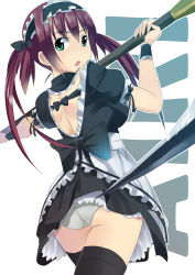 Rule 34 | 1girl, airi (queen&#039;s blade), airi (queen's blade), airi (the infernal temptress), ass, black thighhighs, breasts, female focus, green eyes, layla (suptomat), long hair, maid, maid headdress, panties, queen&#039;s blade, red hair, scythe, solo, thighhighs, twintails, underwear, white background, white panties, wrist cuffs