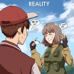 Rule 34 | 1boy, 1girl, ahoge, blue sky, blurry, breasts, brown hair, cloud, depth of field, english text, expectations/reality, unworn eyewear, fingerless gloves, francisco mon, glasses, gloves, green vest, hand in own hair, hat, highres, jacket, letterman jacket, medium breasts, original, pouch, ribbed sweater, sky, squinting, sweat, sweater, turtleneck, turtleneck sweater, vest