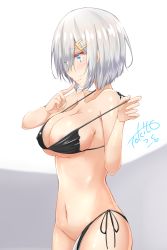 Rule 34 | 1girl, absurdres, areola slip, bikini, bikini pull, black bikini, blue eyes, breasts, clothes pull, colored eyelashes, commentary request, cowboy shot, eyes visible through hair, finger to mouth, from side, groin, hair ornament, hair over one eye, hairclip, hamakaze (kancolle), highres, kantai collection, large breasts, navel, partially visible vulva, pink lips, short hair, sideboob, signature, silver hair, skindentation, solo, strap pull, swimsuit, tokito yu, underboob, untied bikini