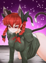 Rule 34 | 1girl, all fours, animal ears, blush, braid, breath, cat ears, cat girl, cat tail, clothes lift, dress, dress lift, extra ears, female focus, floral print, green dress, hair ribbon, kaenbyou rin, looking at viewer, multiple tails, naughty face, nekomata, no pants, pandain, panties, red eyes, red hair, ribbon, smirk, solo, tail, touhou, twin braids, twintails, underwear, white panties