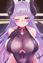 1girl absurdres arbiter1 azur_lane bare_shoulders black_gloves black_leotard blue_eyes breasts clothing_cutout covered_navel curled_horns demon_horns demon_tail gloves gneisenau_(azur_lane) gneisenau_(nightmarish_succubus)_(azur_lane) halloween_costume highres horns large_breasts leotard long_hair looking_at_viewer making-of_available official_alternate_costume one_eye_closed pubic_tattoo purple_hair solo tail tattoo underboob_cutout very_long_hair