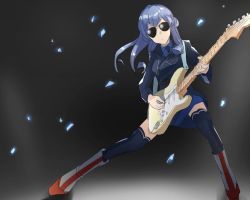 Rule 34 | blue hair, electric guitar, fender stratocaster, glasses, gotland (kancolle), guitar, instrument, kantai collection, paulownia531, solo, thighhighs