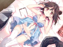 Rule 34 | 1girl, babydoll, bare arms, bed sheet, black hair, black skirt, blue panties, blush, bow, bow panties, breasts, collarbone, commentary request, dutch angle, frilled panties, frills, glasses, gluteal fold, hair between eyes, hair bun, hands up, hisaka hazara, looking at viewer, lying, nabel, nail polish, on back, original, panties, parted lips, pink bow, pink ribbon, pleated skirt, red eyes, ribbon, short hair, single hair bun, skirt, unworn skirt, small breasts, solo, stomach, thigh gap, thighhighs, underwear, white thighhighs