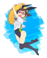 1girl animal_ear_hairband animal_ears arms_up black_ribbon black_thighhighs blue_background blue_one-piece_swimsuit blush brown_eyes brown_hair bunny_day commentary_request fake_animal_ears full_body glasses green_one-piece_swimsuit hairband highres jumping kusakabe_(kusakabeworks) lifebuoy looking_at_viewer medium_hair multicolored_clothes multicolored_swimsuit neck_ribbon one-piece_swimsuit open_mouth original ponytail rabbit_ears red-framed_eyewear ribbon shirt short_sleeves simple_background solo swept_bangs swim_ring swimsuit swimsuit_under_clothes thighhighs water_drop white_background white_shirt