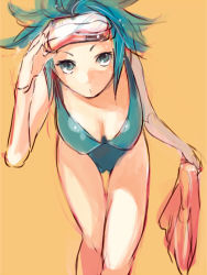 Rule 34 | 1girl, ac japan, aisatsu no mahou, bad id, bad pixiv id, bent over, breasts, cleavage, diving mask, flippers, genderswap, genderswap (mtf), goggles, green eyes, green hair, large breasts, matching hair/eyes, matsushita mino, personification, sketch, solo, swimsuit, tadai manbou