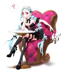 Rule 34 | 1girl, ?, alternate costume, artist request, asymmetrical legwear, bare shoulders, belt, black skirt, blue hair, bow, braid, breasts, buckle, chair, cleavage, collarbone, cross-laced clothes, crossed legs, frills, full body, high heels, highres, jinx (league of legends), kneehighs, layered skirt, league of legends, long hair, looking at viewer, maid, maid headdress, mismatched legwear, pink eyes, simple background, skirt, small breasts, socks, solo, spoken question mark, thighhighs, twin braids, very long hair, white background, zettai ryouiki