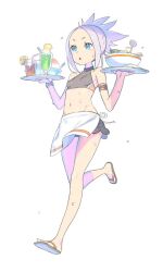 Rule 34 | 1girl, blue eyes, breasts, drink, enkyo yuuichirou, fea (summon night), food, full body, navel, open mouth, sandals, short hair, simple background, small breasts, solo, summon night, summon night 4, swimsuit, white background, white hair