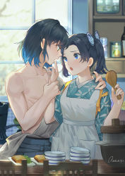 Rule 34 | 1boy, 1girl, antweiyi, apron, black hair, blue eyes, blue hair, butterfly hair ornament, collarbone, commentary request, day, forehead, gradient hair, green eyes, hair ornament, hand on another&#039;s shoulder, hashibira inosuke, holding, holding another&#039;s arm, indoors, japanese clothes, kanzaki aoi (kimetsu no yaiba), kimetsu no yaiba, kitchen, looking at another, multicolored hair, muscular, open mouth, shamoji, short hair, signature, single bare shoulder, twintails, window