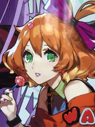 Rule 34 | 10s, blonde hair, bow, candy, earrings, food, freyja wion, green eyes, hair bow, heart, highres, jewelry, lipstick, lollipop, looking at viewer, macross, macross delta, makeup, multicolored hair, nail polish, official art, orange hair, two-tone hair