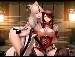 Rule 34 | 2girls, absurdres, arms behind back, ass, beidou (genshin impact), black legwear, black panties, breasts, breasts out, brown hair, capelet, china dress, chinese clothes, clenched teeth, colored eyepatch, dress, elbow gloves, eyepatch, female pubic hair, fur collar, genshin impact, gloves, hair ornament, hair over one eye, hair stick, hairpin, highres, huge filesize, imminent fingering, izaac, lace, lace-trimmed legwear, lace trim, large breasts, licking lips, long hair, multiple girls, ningguang (genshin impact), nipples, one eye covered, panties, parted bangs, pelvic curtain, pubic hair, red capelet, red eyes, saliva, sidelocks, spread legs, tassel, teeth, thighhighs, tongue, tongue out, underwear, white hair, window