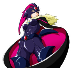 Rule 34 | 10s, 1girl, black bodysuit, bodysuit, breasts, cape, cure muse, cure muse (black), from below, frown, gloves, hand on own hip, heart, hip focus, kogane (staygold), magical girl, mask, medium breasts, precure, red eyes, shiny clothes, shirabe ako, solo, suite precure, white background