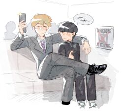 Rule 34 | 2boys, black footwear, black hair, black pants, blonde hair, blunt bangs, buttoned cuffs, buttons, cellphone, closed mouth, collared shirt, commentary, crossed legs, english commentary, english text, flip phone, formal, gakuran, grey jacket, grey pants, grey suit, highres, holding, holding phone, jacket, kageyama shigeo, long sleeves, looking at another, male focus, mob psycho 100, mp100days, multiple boys, necktie, pants, phone, pointing, purple necktie, reigen arataka, school uniform, shirt, shoes, short hair, sign, sitting, speech bubble, suit, suit jacket, white background